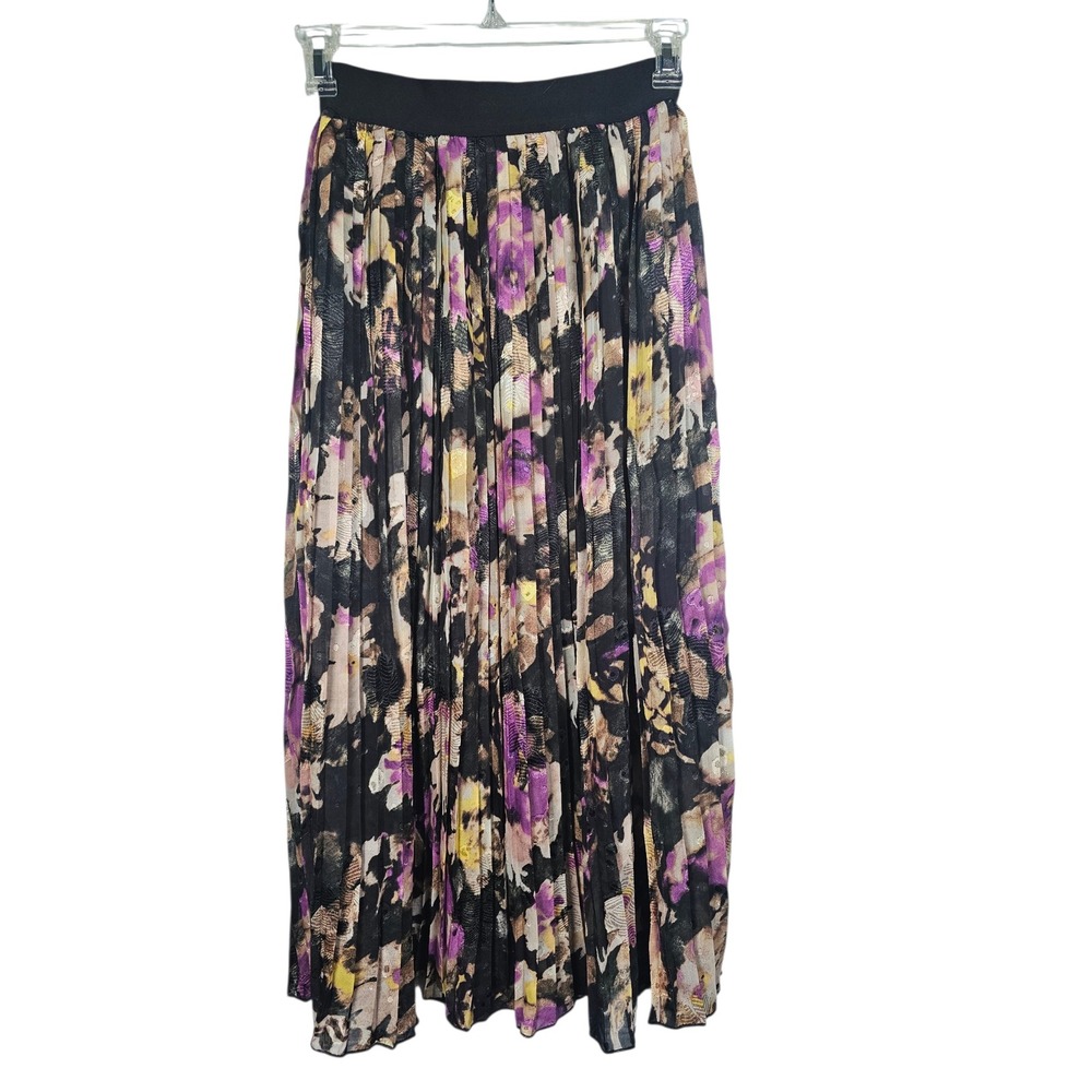 Molly Bracken Maxi Skirt Floral Black Purple Pleated Elastic Waist Women XS